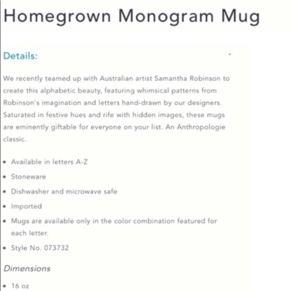 ANTHROPOLOGIE "A” Homegrown Monogram Floral Porcelain Mug - Picture 4 of 5
